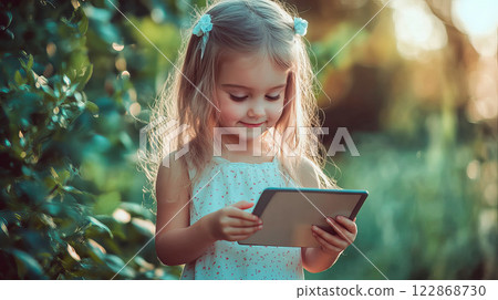 Little girl sitting and holding a tablet 122868730