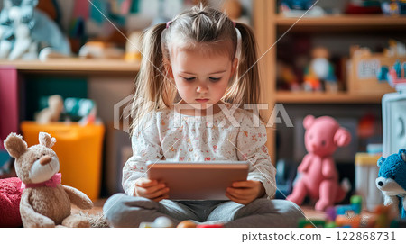 Little girl sitting among toys in room and holding a tablet 122868731
