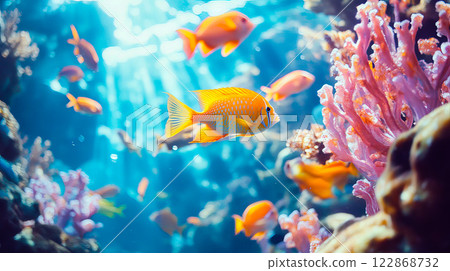 Panoramic view of underwater world with tropical fish 122868732