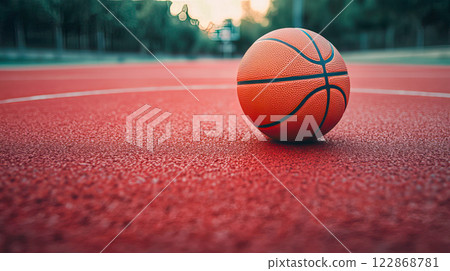 Basketball ball on the ground. Ball on the red court Basketball ball on the ground. Ball on the red court 122868781