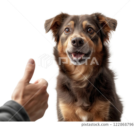 A dog looks at a "thumbs up" hand gesture, isolated on a transparent background. 122868796