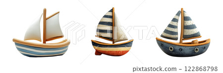 Three toy sailboats with different sail patterns and hull colors are isolated on a transparent background. 122868798
