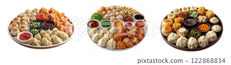 Three platters of assorted dim sum and dipping sauces are isolated on a transparent background. 122868834