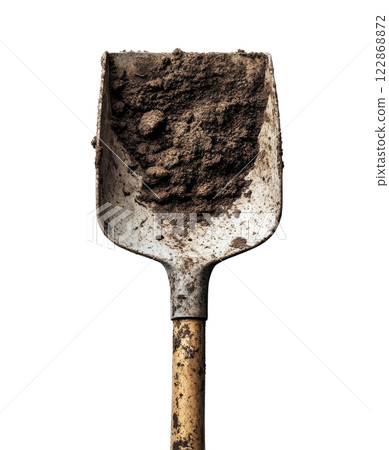 A shovel filled with dirt is isolated on a transparent background. 122868872