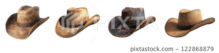 Four brown cowboy hats, in varying shades and conditions, are isolated on a transparent background. 122868879