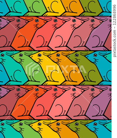 Seamless rainbow rabbit pattern in Escher style with alternating rows 122868996