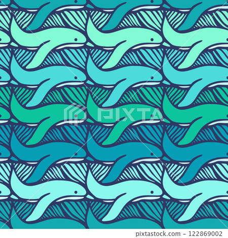 Seamless vector tessellation pattern with dolphins in ocean shades Seamless vector tessellation pattern with dolphins in ocean shades 122869002