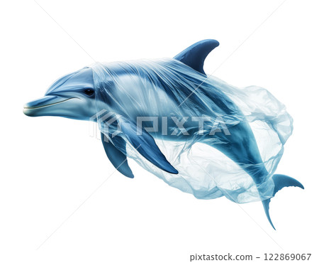 A dolphin entangled in plastic waste is isolated on a transparent background, symbolizing ocean pollution. 122869067