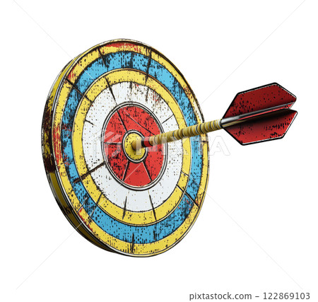 A weathered dartboard with a red dart piercing its bullseye, isolated on a transparent background. A weathered dartboard with a red dart piercing its bullseye, isolated on a transparent background. 122869103