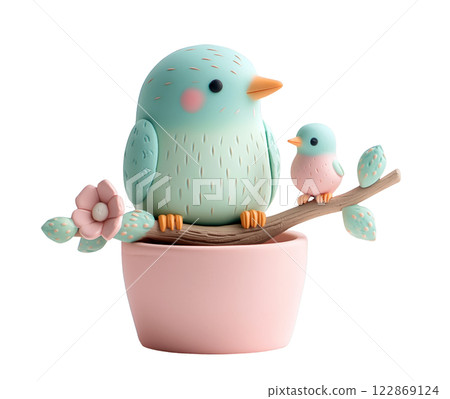 Two stylized birds perched on a branch emerging from a pot, are isolated on a transparent background. 122869124