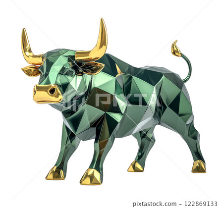 A majestic, green, polygonal bull sculpture with golden accents, isolated on a transparent background. 122869133