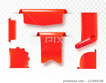Red satin ribbon tag. Red textile label for sale promotion text. Discount and special offer badge. Vector Red satin ribbon tag. Red textile label for sale promotion text. Discount and special offer badge. Vector 122869186