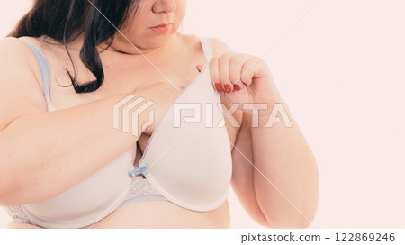 Woman big breast wearing bra 122869246