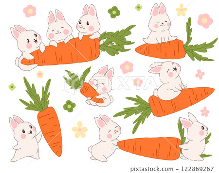 Cute kawaii rabbit with carrot in various poses on white background. Easter Bunny vector illustration. Animal character cartoon design. Carrot Day print 122869267