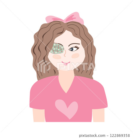 Cute little girl with an eye closed with sticking eye plaster. Amblyopia, strabismus, or lazy eye treatment. Isolated vector illustration Cute little girl with an eye closed with sticking eye plaster. Amblyopia, strabismus, or lazy eye treatment. Isolated vector illustration 122869358