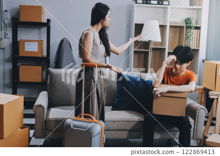 Stressed young married family couple arguing, blaming each other Stressed young married family couple arguing, blaming each other 122869413