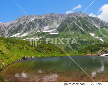 夏季的綠池和立山山脈 122869510