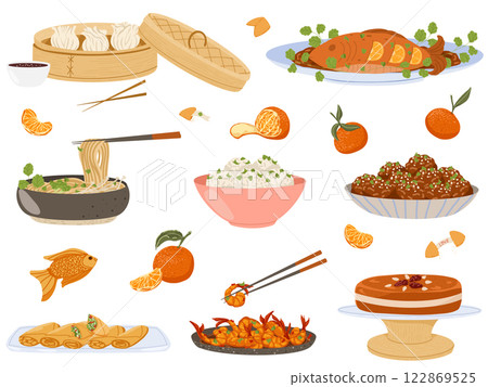 Asian food set. Asian traditional cuisine with various dishes. Vector flat illustration Asian food set. Asian traditional cuisine with various dishes. Vector flat illustration 122869525