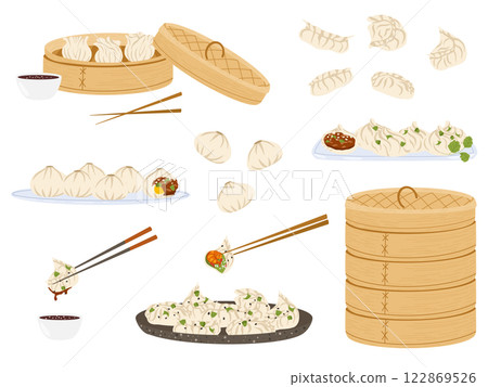 Dim sum food set in bamboo steamer baskets. Steamed dumplings template isolated on white 122869526