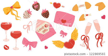 Valentine's Day stickers set. Hearts, gift, champagne glasses, mail, strawberry, bows, fortune cookie Valentine's Day stickers set. Hearts, gift, champagne glasses, mail, strawberry, bows, fortune cookie 122869581