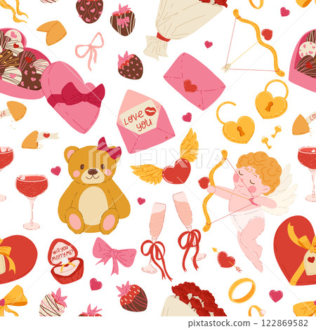 Romantic seamless design with teddy bears, gifts, presents, letters and love symbols. Print for love and gifting occasions. Perfect for gift boxes, digital designs, party decor and home decor Romantic seamless design with teddy bears, gifts, presents, letters and love symbols. Print for love and gifting occasions. Perfect for gift boxes, digital designs, party decor and home decor 122869582