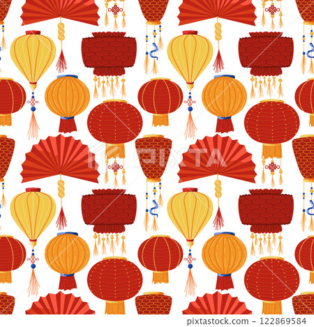 Chinese colorful lanterns on white background seamless pattern Chinese colorful lanterns on white background seamless pattern 122869584