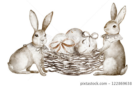 Watercolor illustration cute bunnies are sitting next to the nest where the Easter eggs are lying. Hand drawn rabbits for religious design. Vintage drawing logo. Holiday decal on isolated background. Watercolor illustration cute bunnies are sitting next to the nest where the Easter eggs are lying. Hand drawn rabbits for religious design. Vintage drawing logo. Holiday decal on isolated background. 122869638