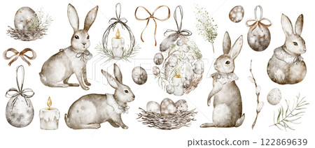 Watercolor set Easter bunnies celebration design. Hand drawn illustration Easter eggs with cute rabbits for religious design. Vintage drawing for icon or logo. Holiday decals on isolated background. Watercolor set Easter bunnies celebration design. Hand drawn illustration Easter eggs with cute rabbits for religious design. Vintage drawing for icon or logo. Holiday decals on isolated background. 122869639