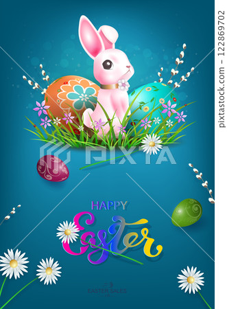 Easter blue card with cute pink bunny, eggs and flowers 122869702
