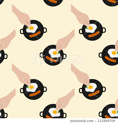 Womens hand put green leaves on fried egg with spicy in grill pan with sausage Seamless Pattern idea Womens hand put green leaves on fried egg with spicy in grill pan with sausage Seamless Pattern idea 122869704