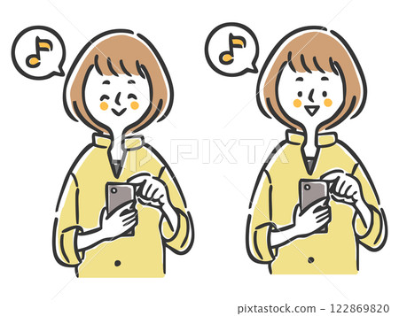 A woman in a good mood operating a smartphone, upper body, vector 122869820