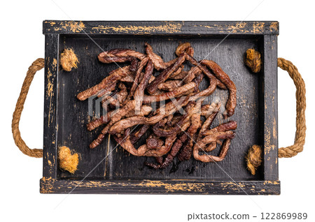 Beef fritter, Deep fried beef tender strips, sliced meat in a tray isolated on white background Beef fritter, Deep fried beef tender strips, sliced meat in a tray isolated on white background 122869989