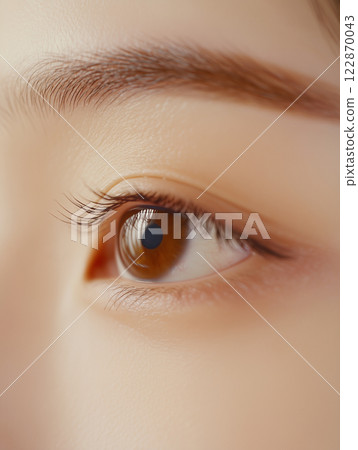 Side shot of a beautiful young Asian woman's eyes shita Close-up photo | Natural eyes, eyelashes and eyebrows 122870043