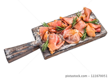 Sliced Spanish jamon iberico isolated on white background. top view 122870051