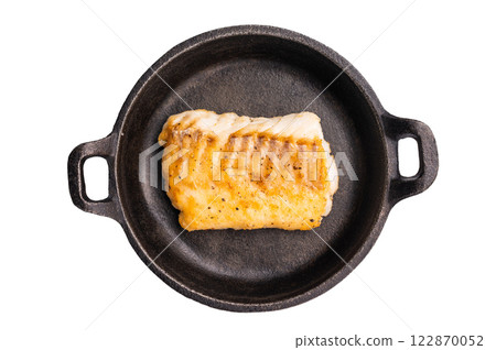 Roasted cod fish loin fiilet in skillet isolated on white background Roasted cod fish loin fiilet in skillet isolated on white background 122870052