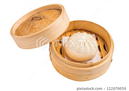 Momo with meat in bamboo steamer isolated on white background. top view 122870059