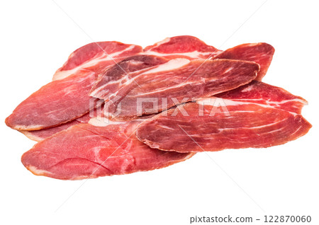 Thin slices of Speck, Jambon Italian cured meat isolated on white background. top view 122870060