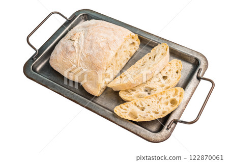 Italian fresh baked and sliced ciabatta bread isolated on white background 122870061