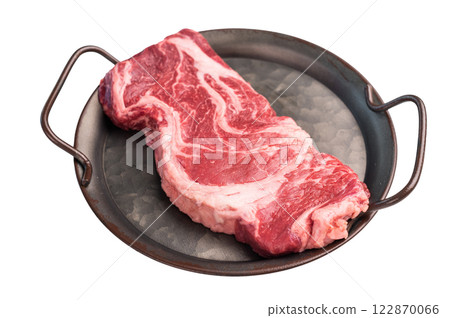 Uncooked Raw Chuck eye roll steak, prime beef meat in kitchen tray isolated on white background 122870066