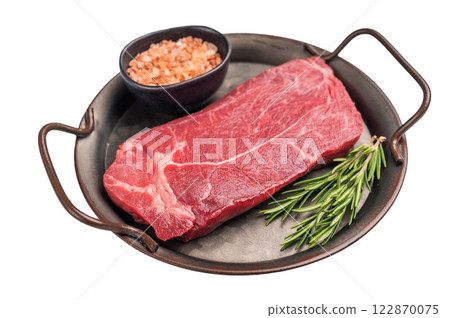 Ready for cooking Raw Rump beef steak with herbs isolated on white background. top view 122870075