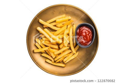 French fries, chips with ketchup on a plate isolated on white background French fries, chips with ketchup on a plate isolated on white background 122870082