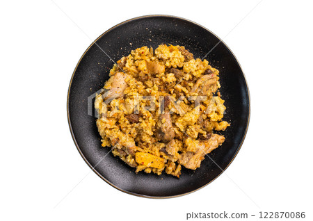 Serbian rice with beef meat, vegetables in a plate isolated on white background 122870086