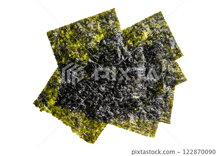 Dried nori seaweed sheets isolated on white background. top view Dried nori seaweed sheets isolated on white background. top view 122870090