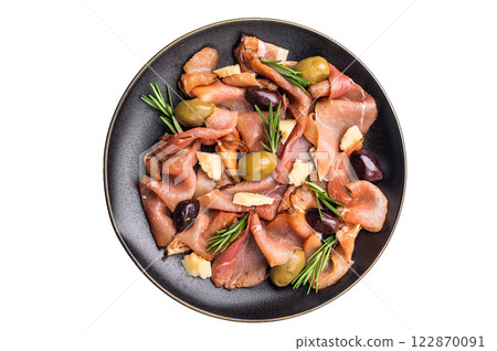 Antipasto with Prosciutto ham, parmesan cheese, rosemary and olives in a plate isolated on white background. top view Antipasto with Prosciutto ham, parmesan cheese, rosemary and olives in a plate isolated on white background. top view 122870091