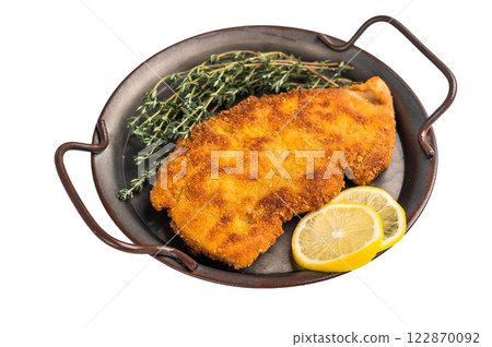 German weiner pork schnitzel steak, fried meat isolated on white background 122870092