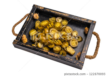 Pickled Jalapeno, Marinated Green Mexican pepper Slices in a tray isolated on white background 122870093