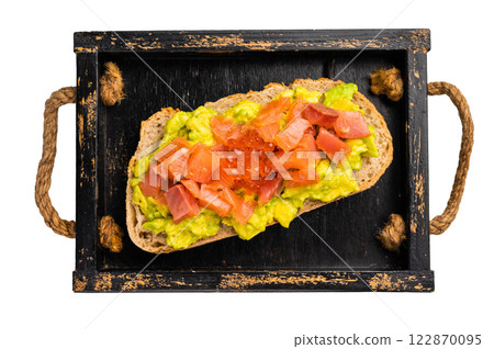 Sandwich with smoked salmon, trout, avocado and red caviar isolated on white background Sandwich with smoked salmon, trout, avocado and red caviar isolated on white background 122870095