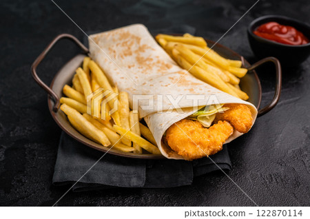 Seafood Wrap, Doner kebab with shrimps, prawns and salad. black background. top view 122870114