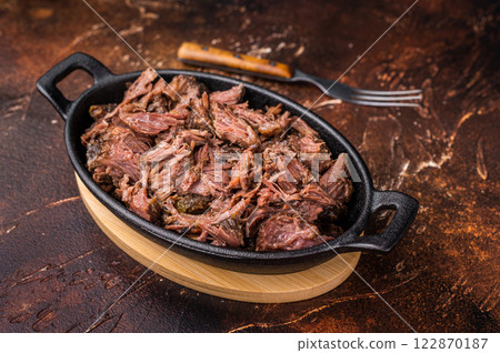 Slow Cooked Pulled Beef, Traditional meat rubbed with spices and smoked. brown background. top view 122870187