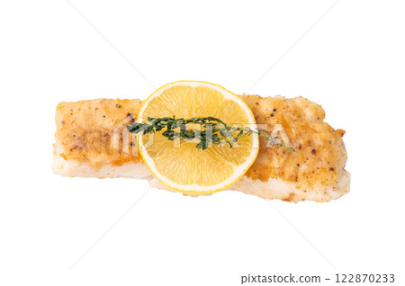 Baked Cod fish fiilet, fried whitefish meat isolated on white background 122870233